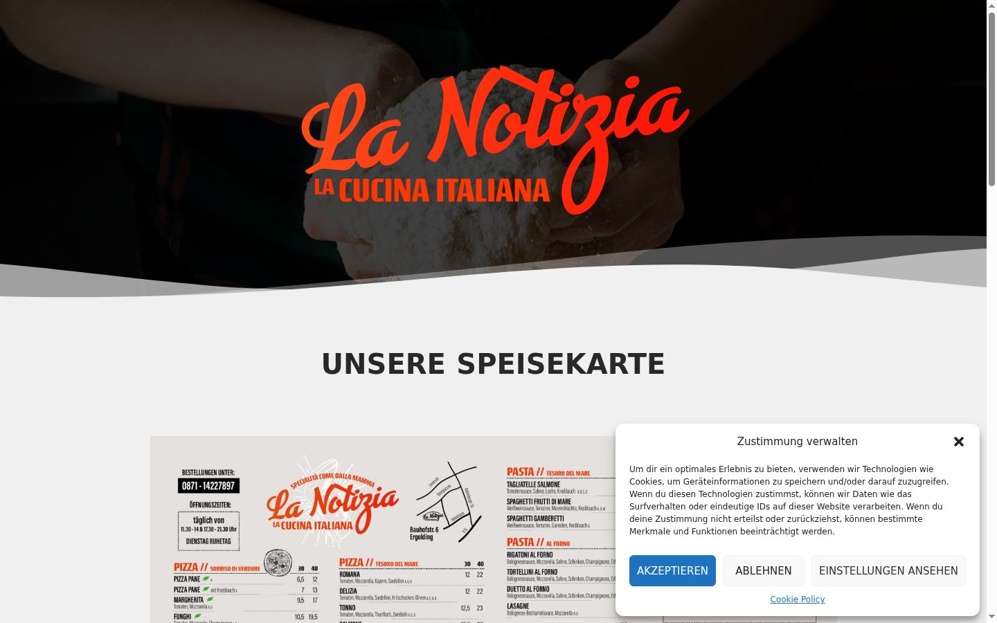 Screenshot del banner di consenso mostrato prima di qualsiasi interazione