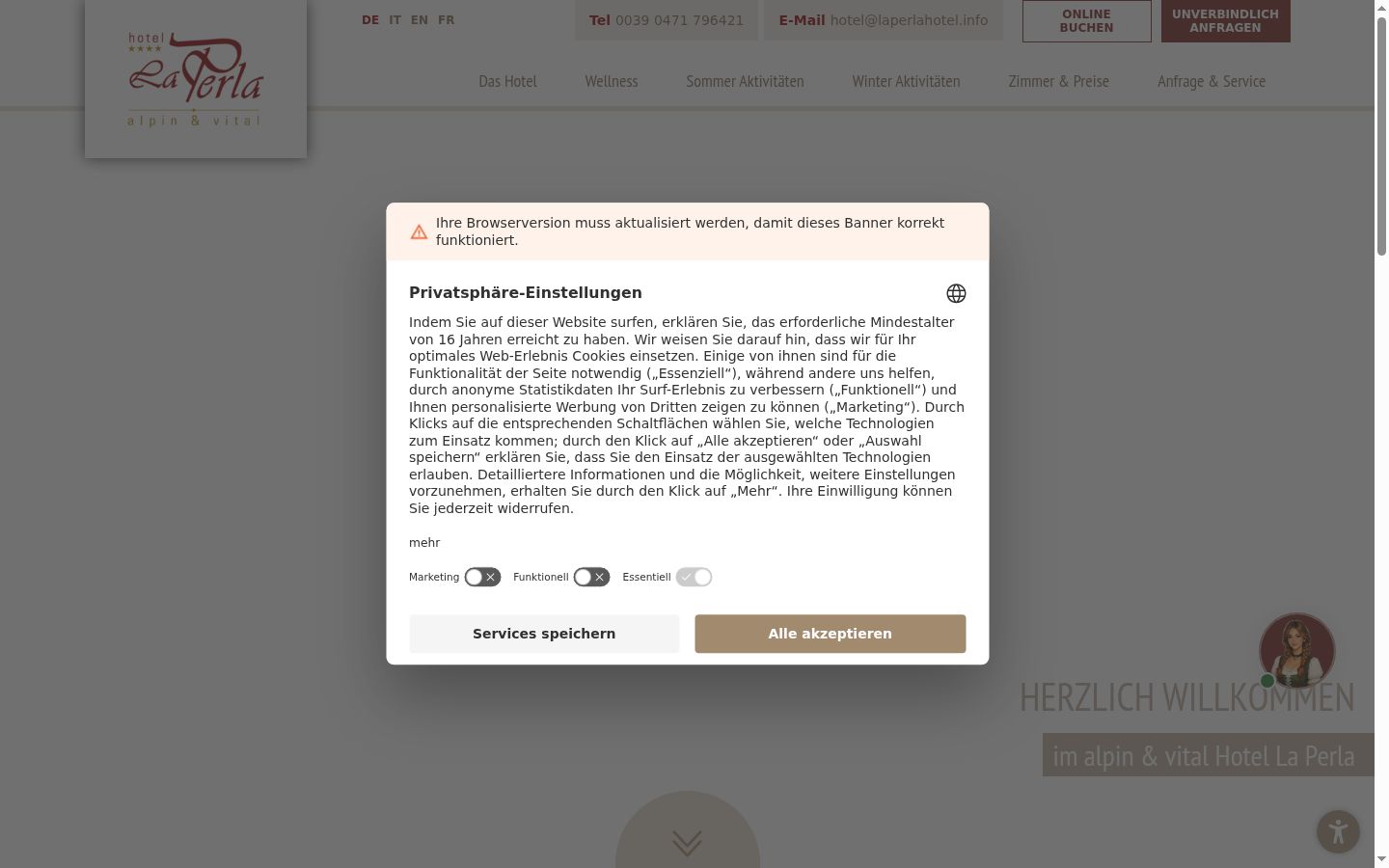 Screenshot des Einwilligungsbanners vor jeglicher Interaktion