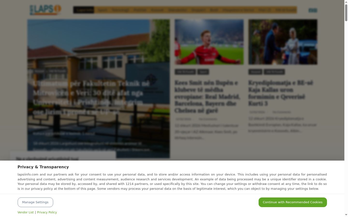 Screenshot del banner di consenso mostrato prima di qualsiasi interazione