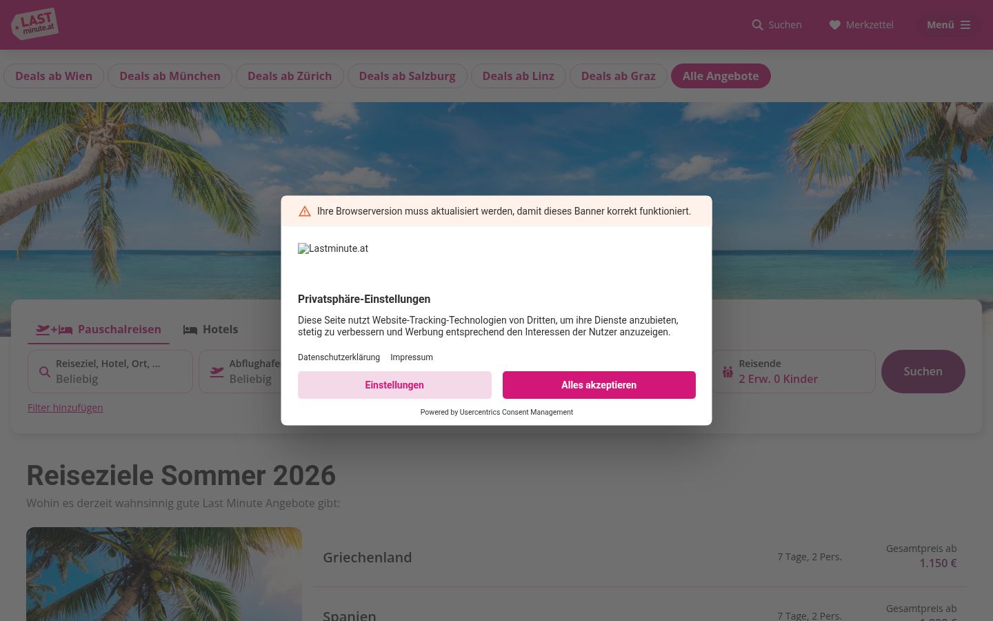 Captura de ecrã do banner de consentimento apresentado antes de qualquer interação