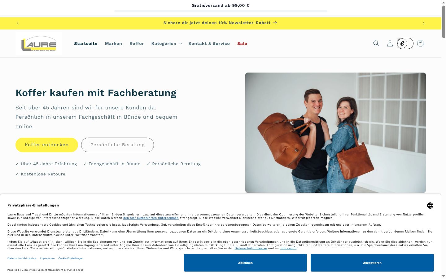 Screenshot des Einwilligungsbanners vor jeglicher Interaktion