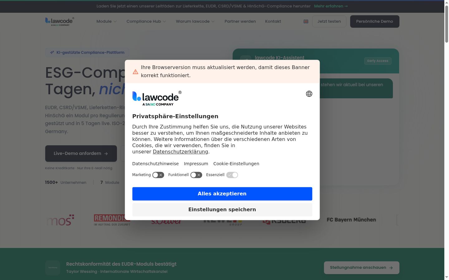 Ekrānuzņēmums ar piekrišanas baneri, kas tika rādīts pirms jebkādas mijiedarbības