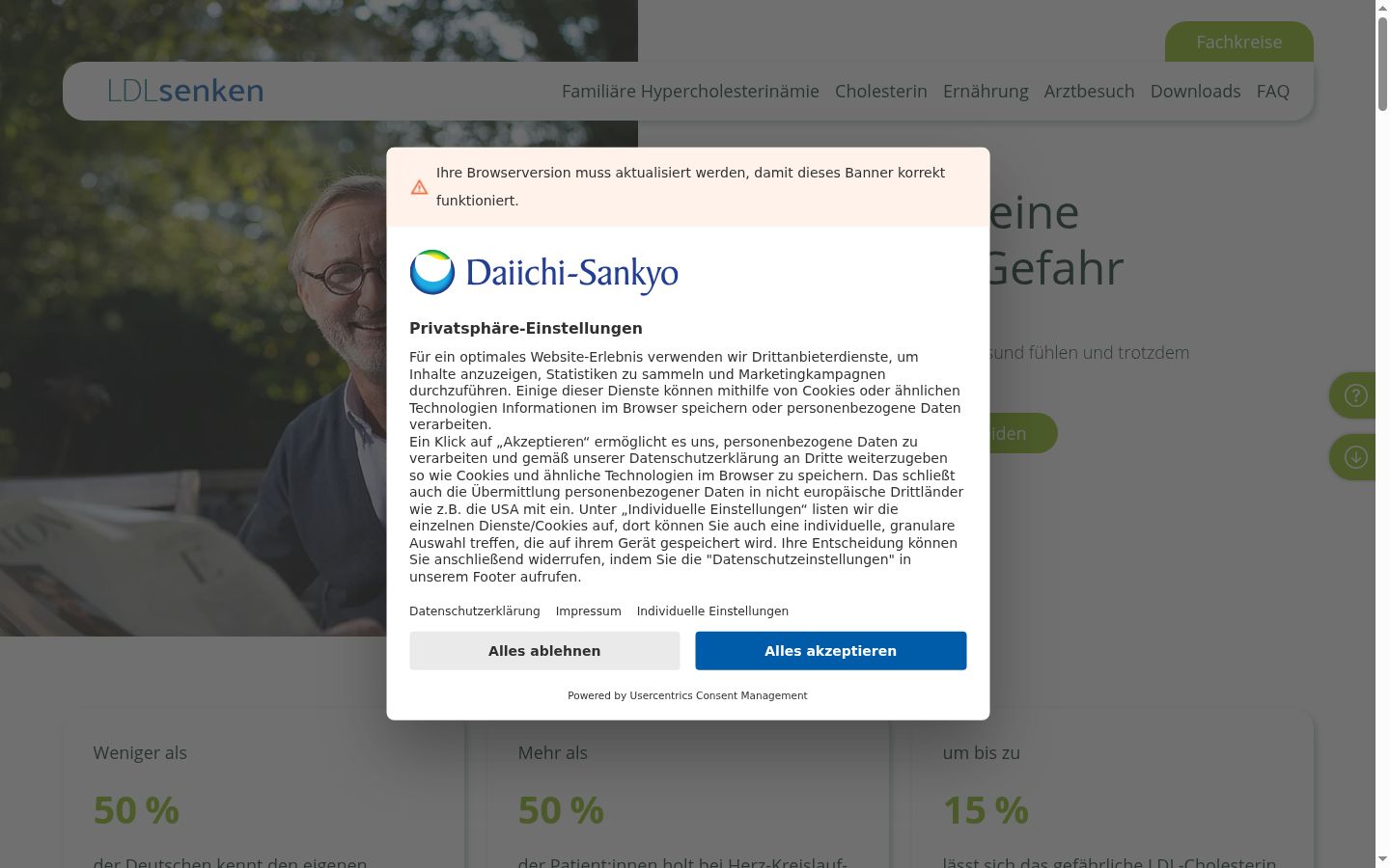 Capture d'écran de la bannière de consentement affichée avant toute interaction