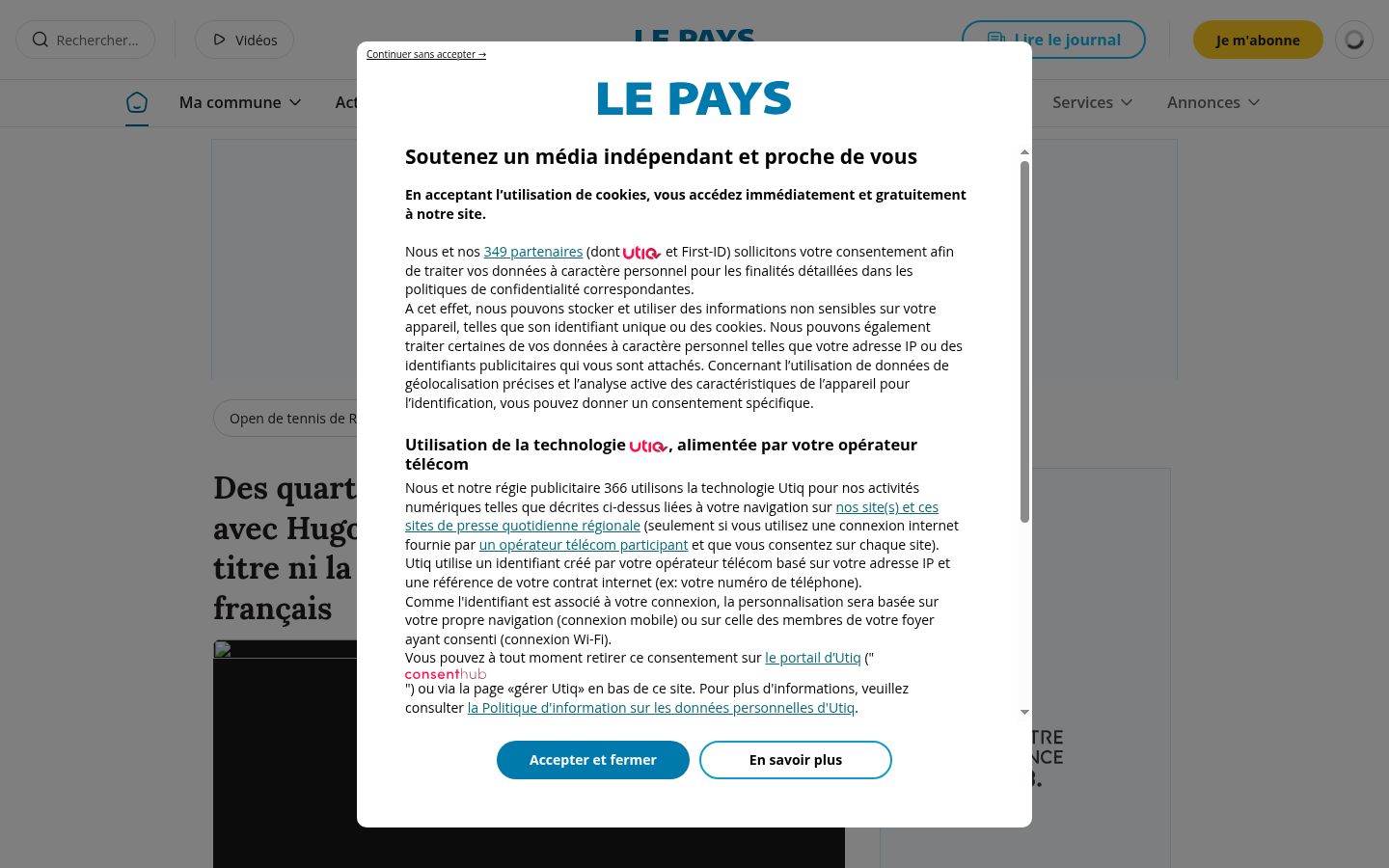 Képernyőkép a bármilyen interakció előtt megjelenő hozzájárulási bannerről