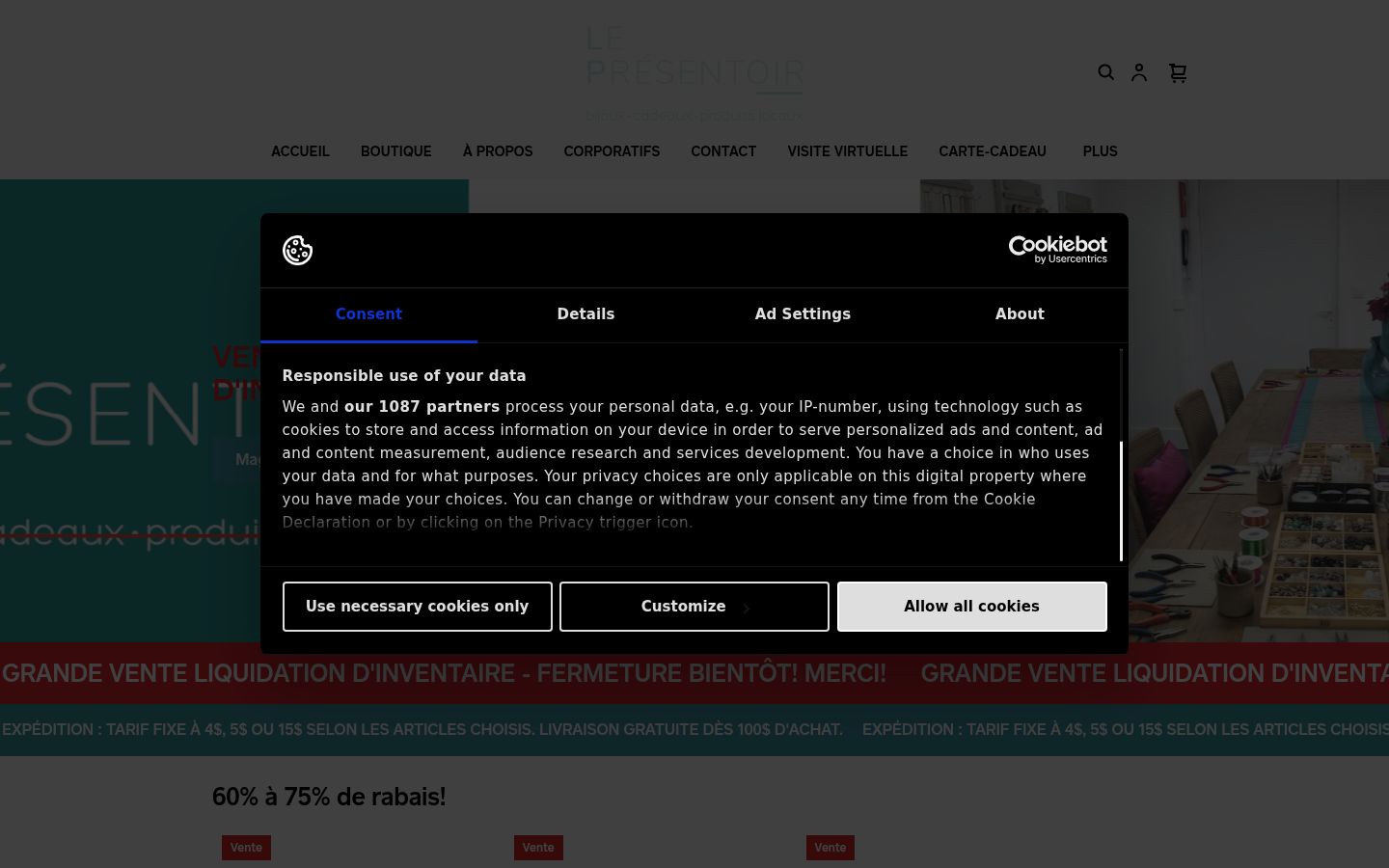 Screenshot van de toestemmingsbanner zoals getoond vóór enige interactie