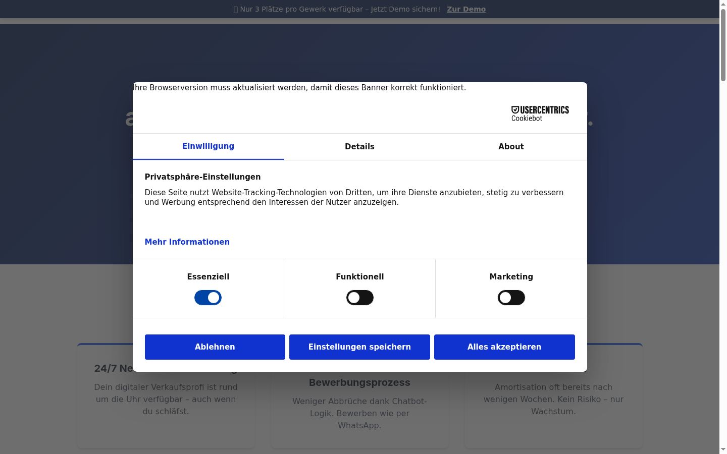 Sutikimo reklamjuostės, rodytos prieš bet kokią sąveiką, ekrano kopija