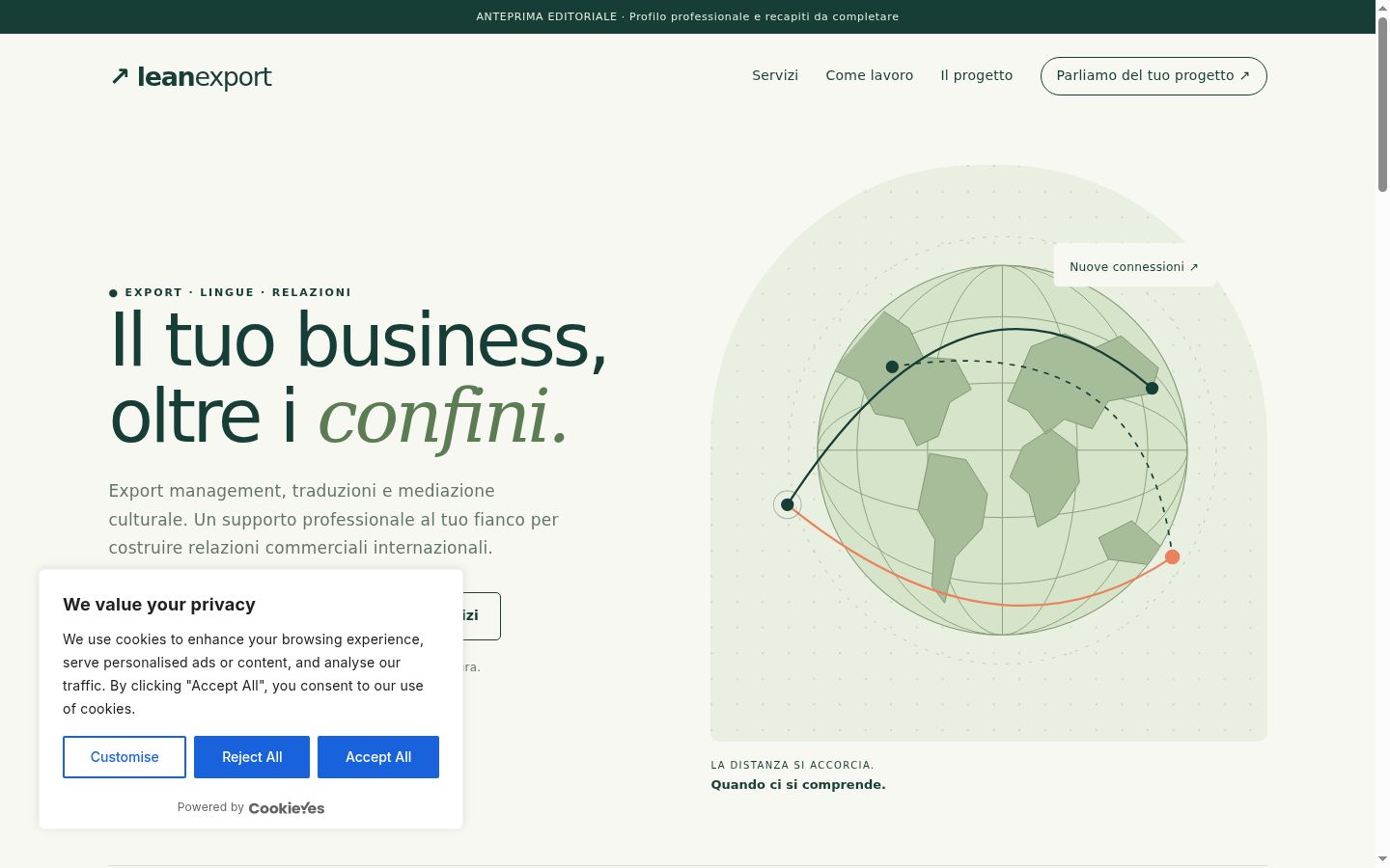 Screenshot del banner di consenso mostrato prima di qualsiasi interazione