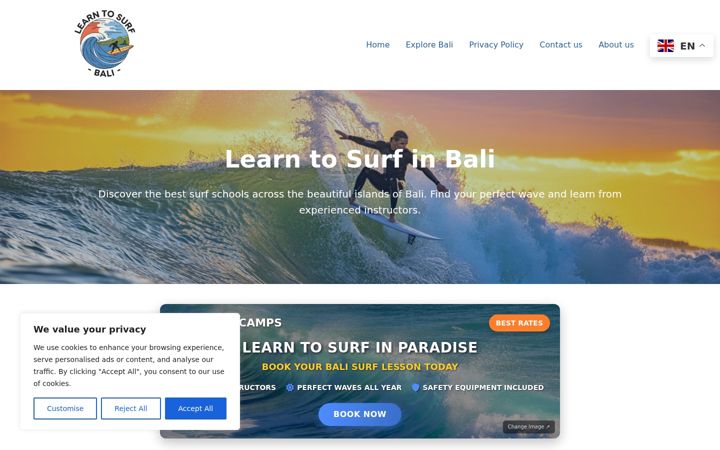 Screenshot of learn-to-surf-bali.com