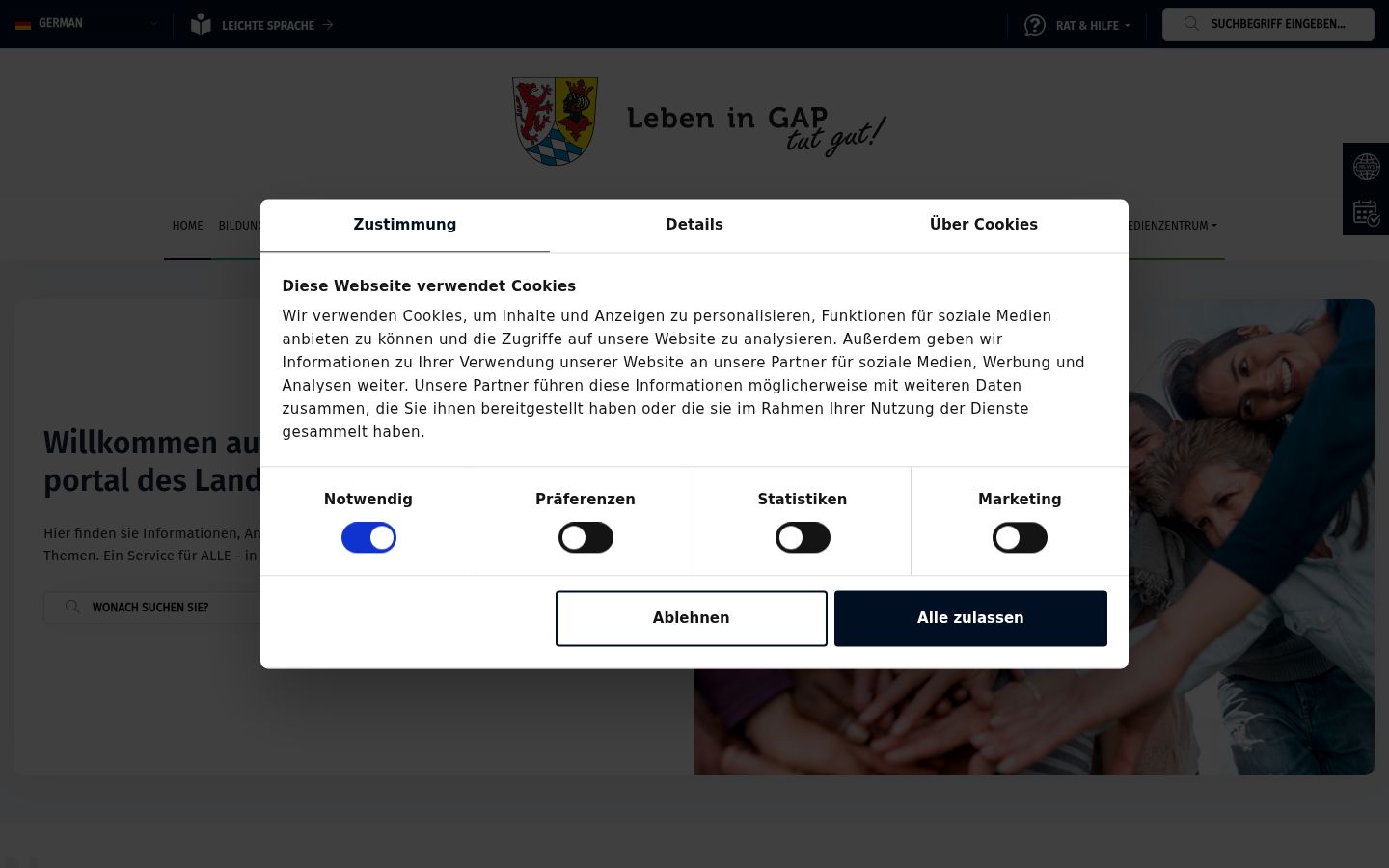 Captura de ecrã do banner de consentimento apresentado antes de qualquer interação