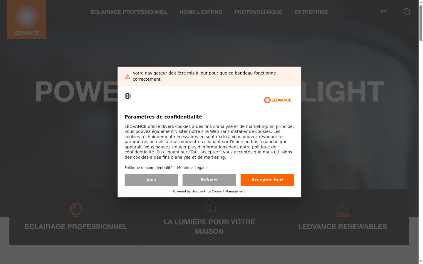 Captura de ecrã do banner de consentimento apresentado antes de qualquer interação