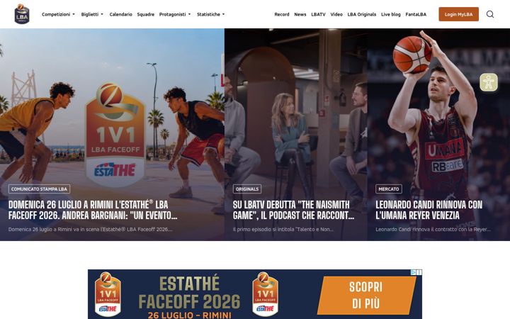 Captură de ecran a legabasket.it