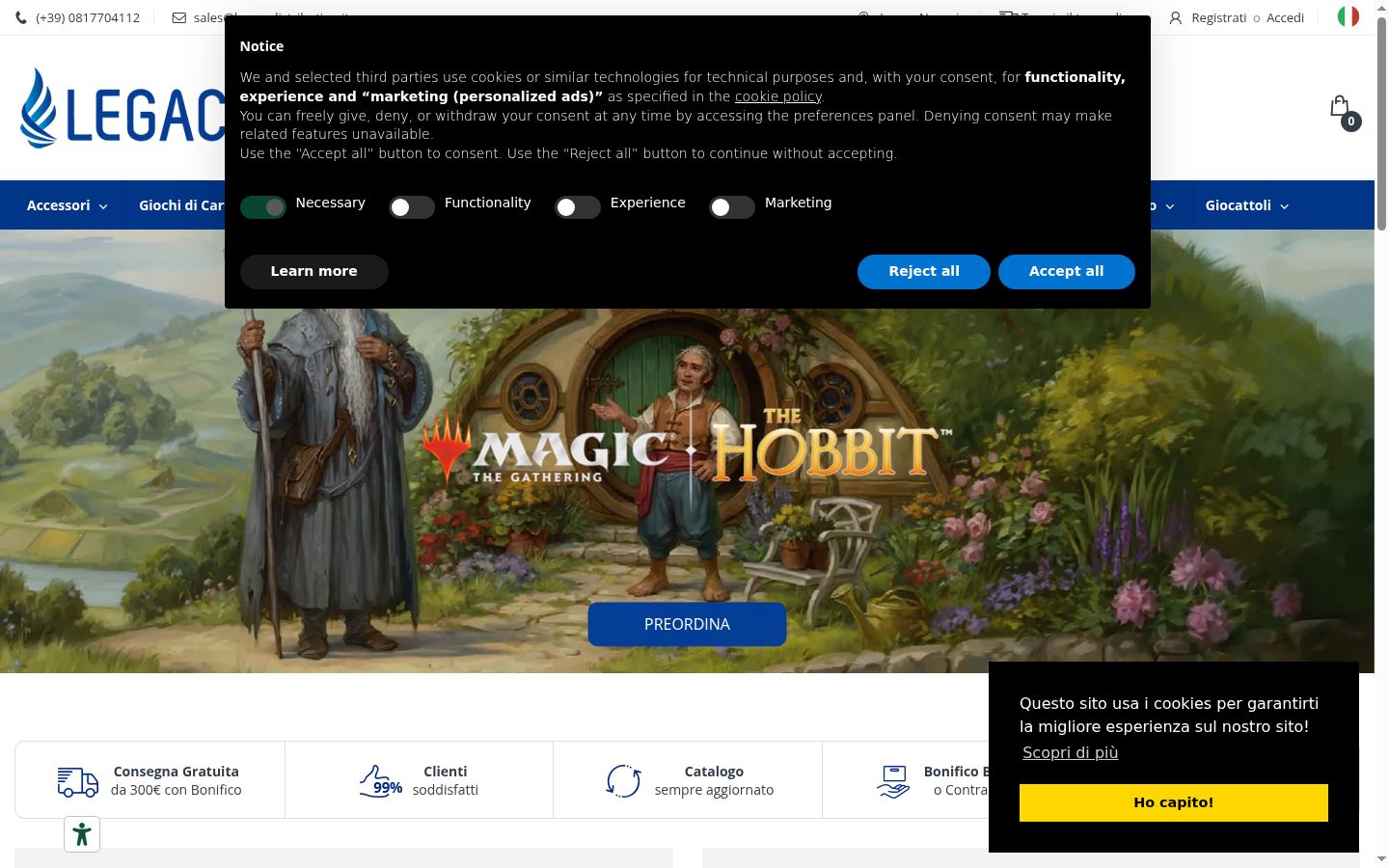 Screenshot del banner di consenso mostrato prima di qualsiasi interazione