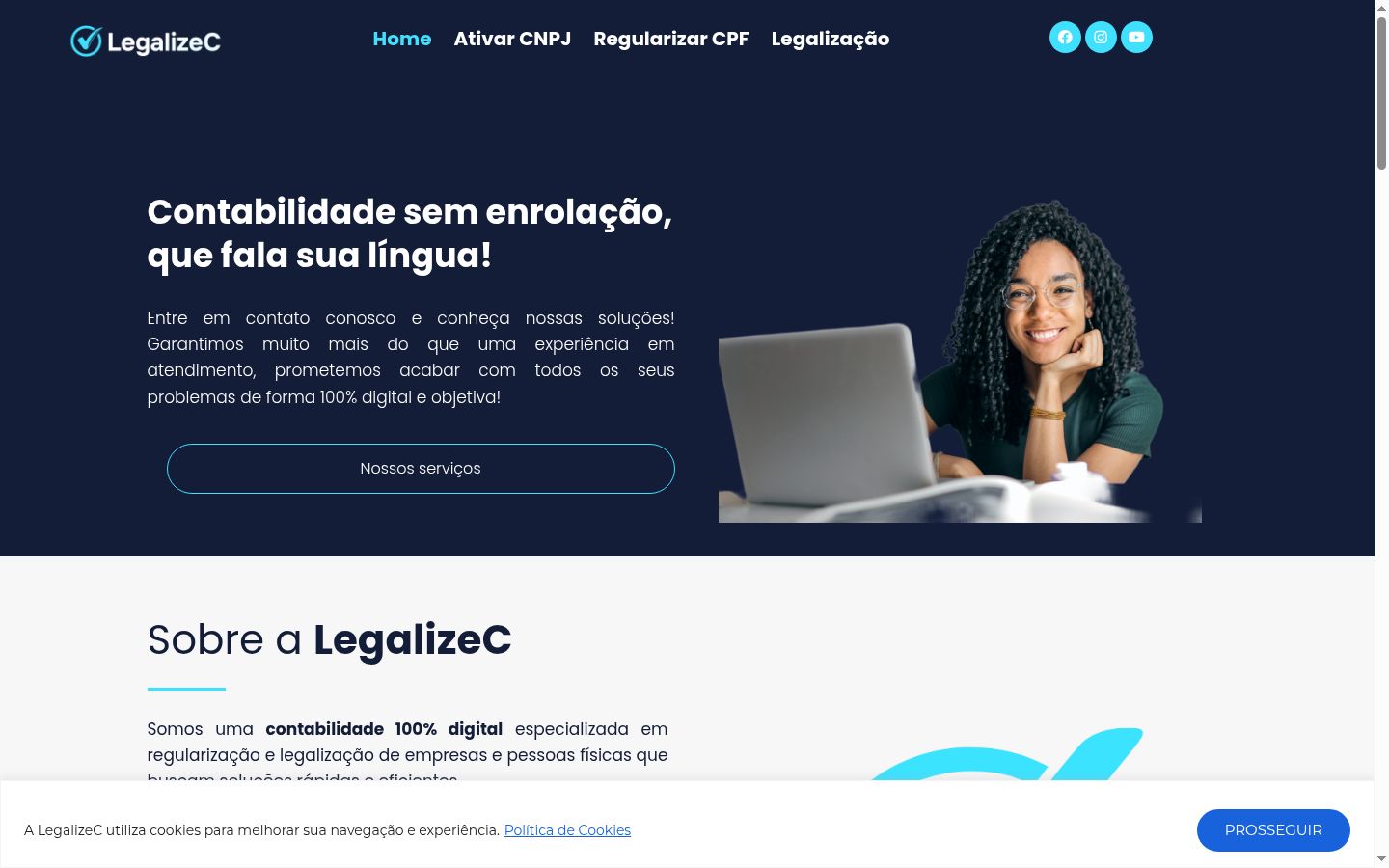 Captura de ecrã do banner de consentimento apresentado antes de qualquer interação