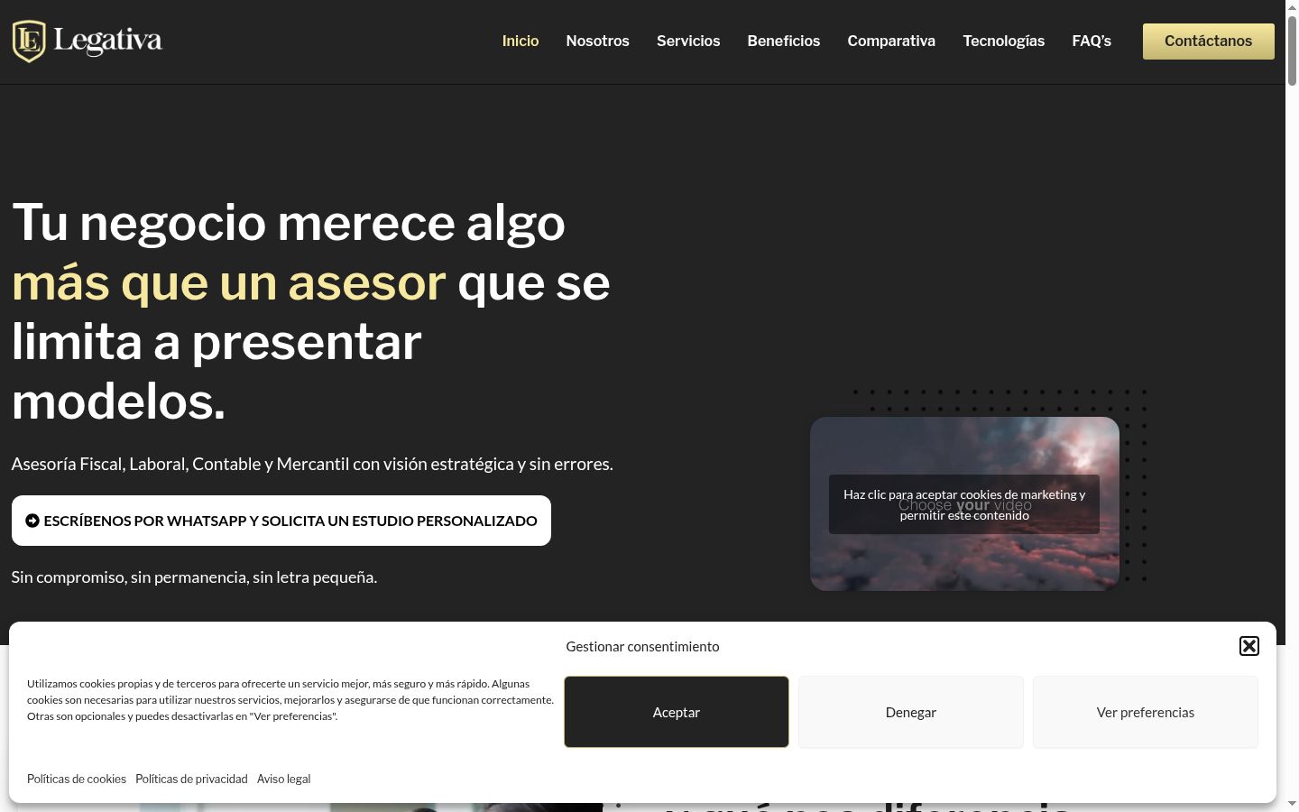 Captura de ecrã do banner de consentimento apresentado antes de qualquer interação
