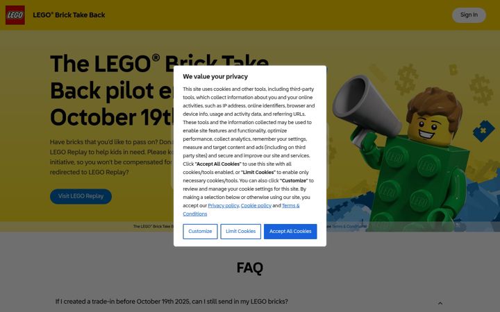 Screenshot of legobricktakeback.com