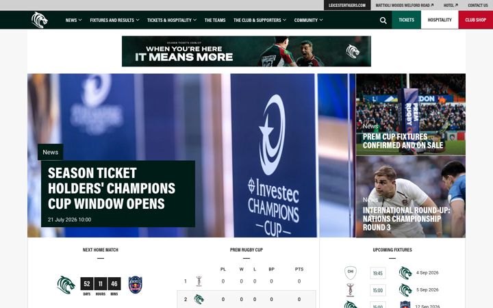 Snímek obrazovky leicestertigers.com