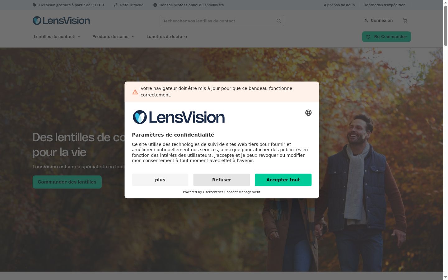Captura de pantalla del banner de consentimiento mostrado antes de cualquier interacción