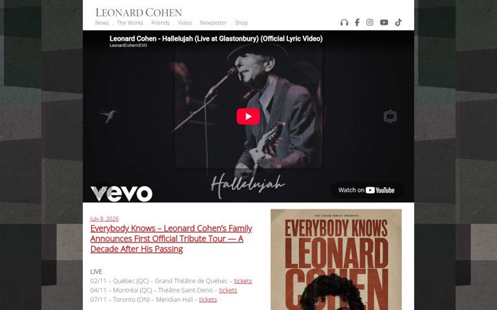 Screenshot stránky leonardcohen.com