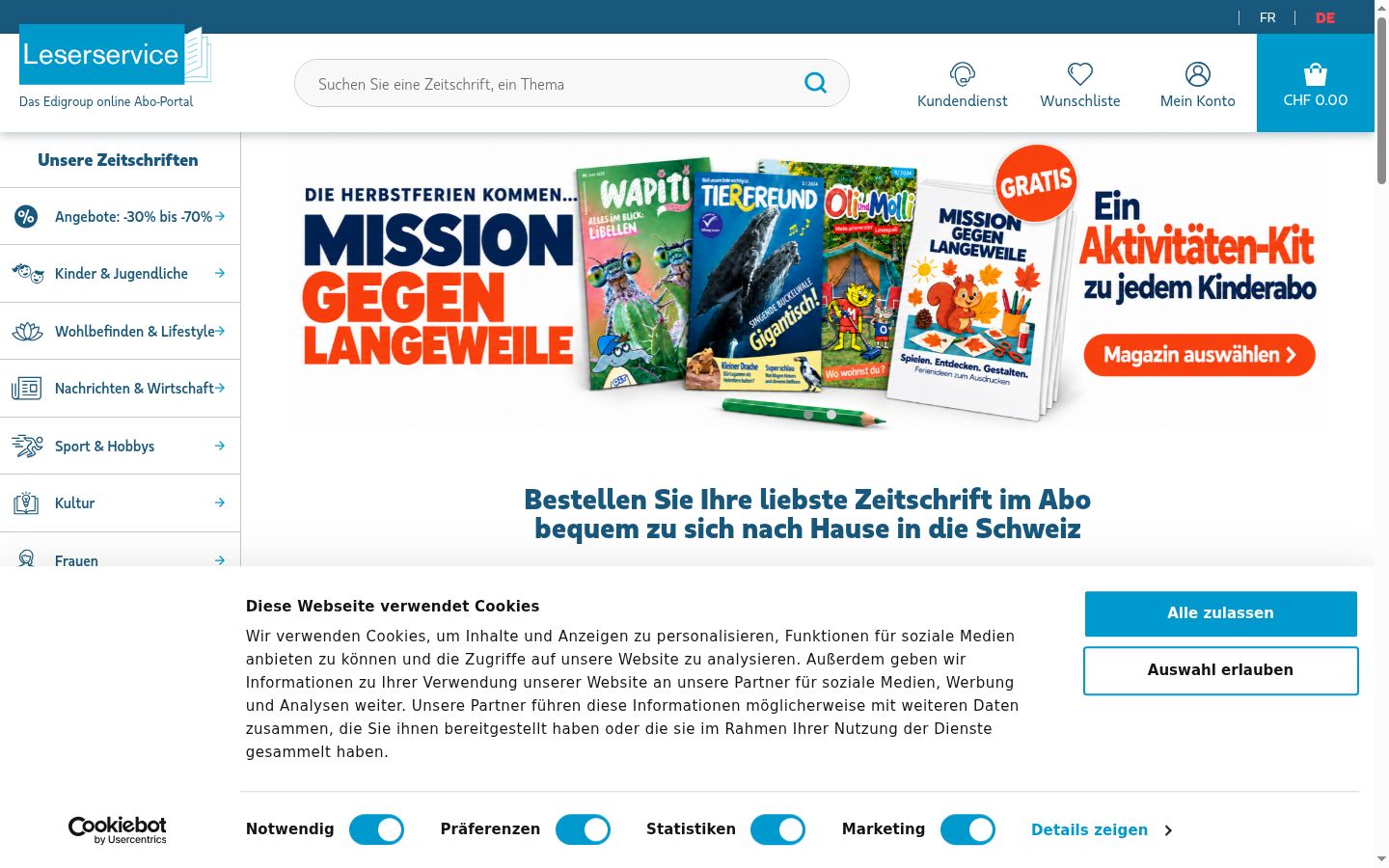 Screenshot des Einwilligungsbanners vor jeglicher Interaktion