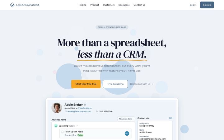 Screenshot of lessannoyingcrm.com