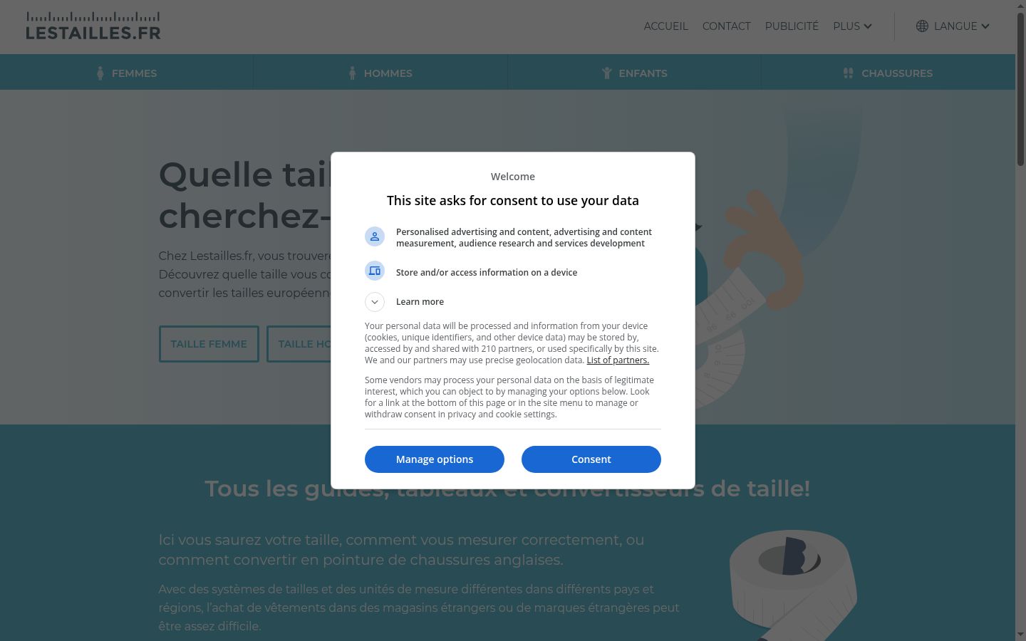 Screenshot del banner di consenso mostrato prima di qualsiasi interazione
