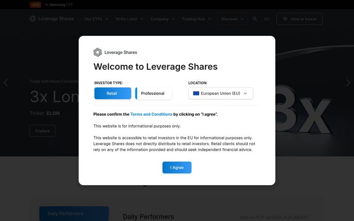 Ekrano kopija leverageshares.com