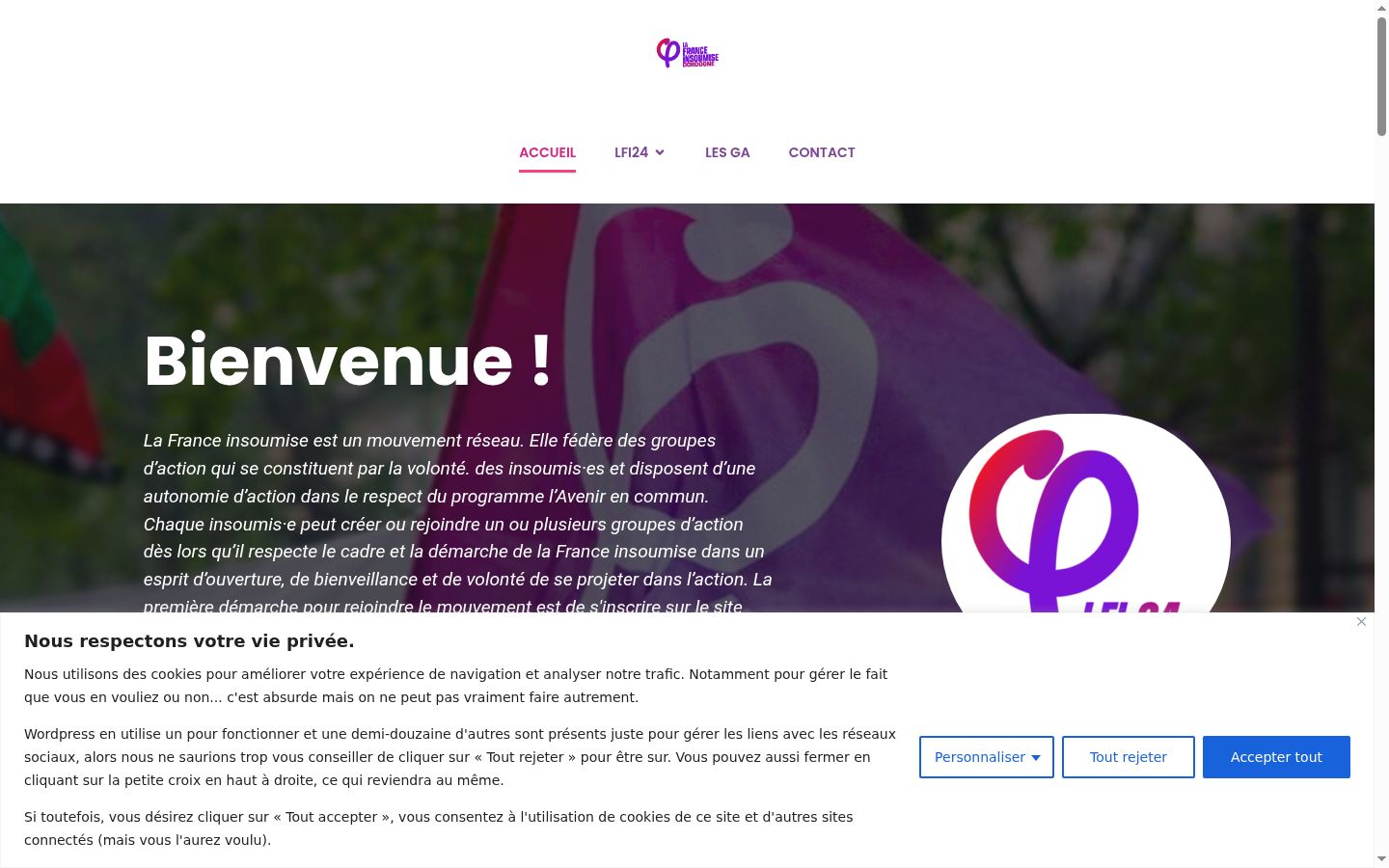 Captura de ecrã do banner de consentimento apresentado antes de qualquer interação