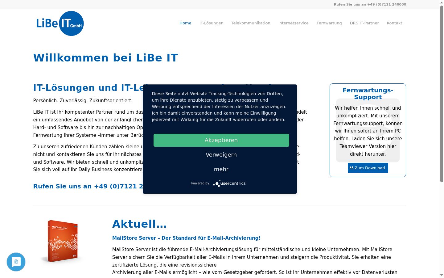 Screenshot des Einwilligungsbanners vor jeglicher Interaktion