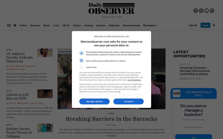 Screenshot of liberianobserver.com