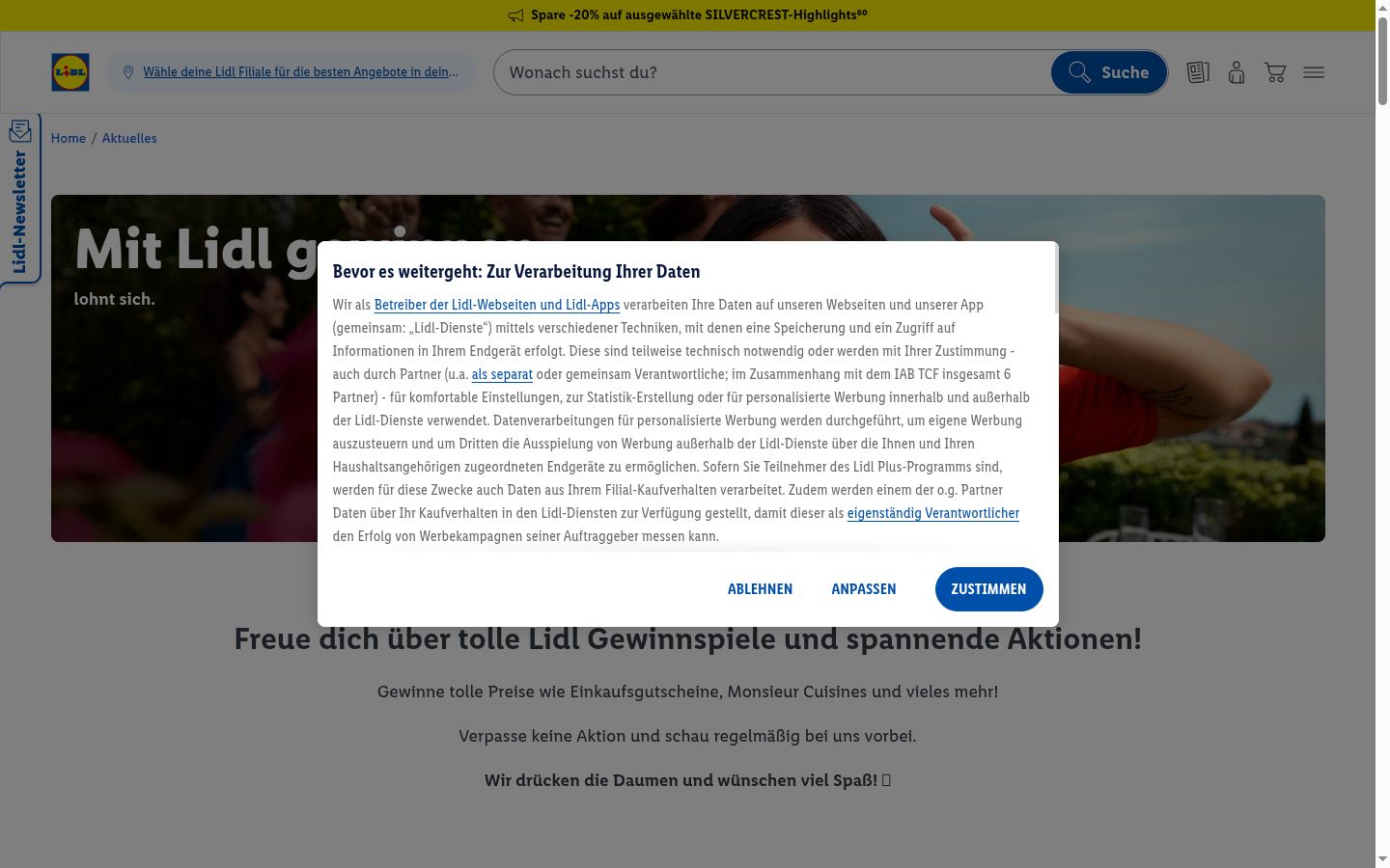Skärmbild av samtyckesbannern som visades före någon interaktion