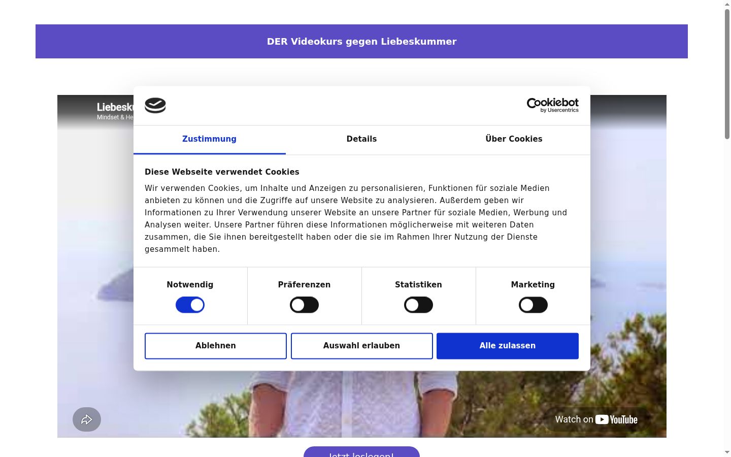 Screenshot des Einwilligungsbanners vor jeglicher Interaktion