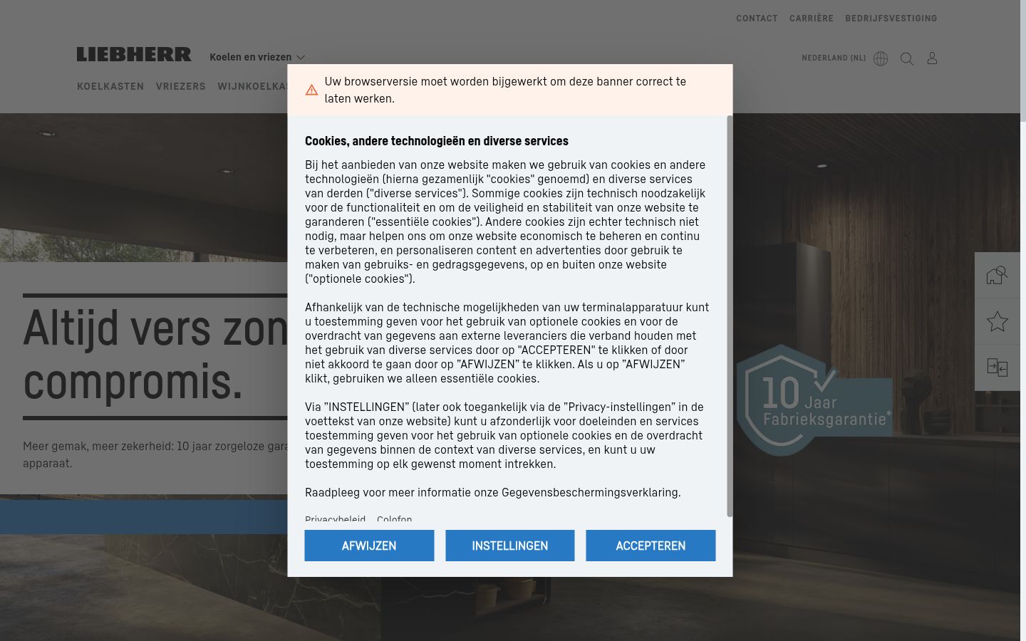 Képernyőkép a bármilyen interakció előtt megjelenő hozzájárulási bannerről