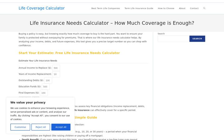 Screenshot of lifecoveragecalculator.com