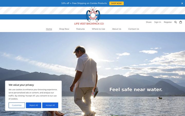 Screenshot of lifevestbackpack.com