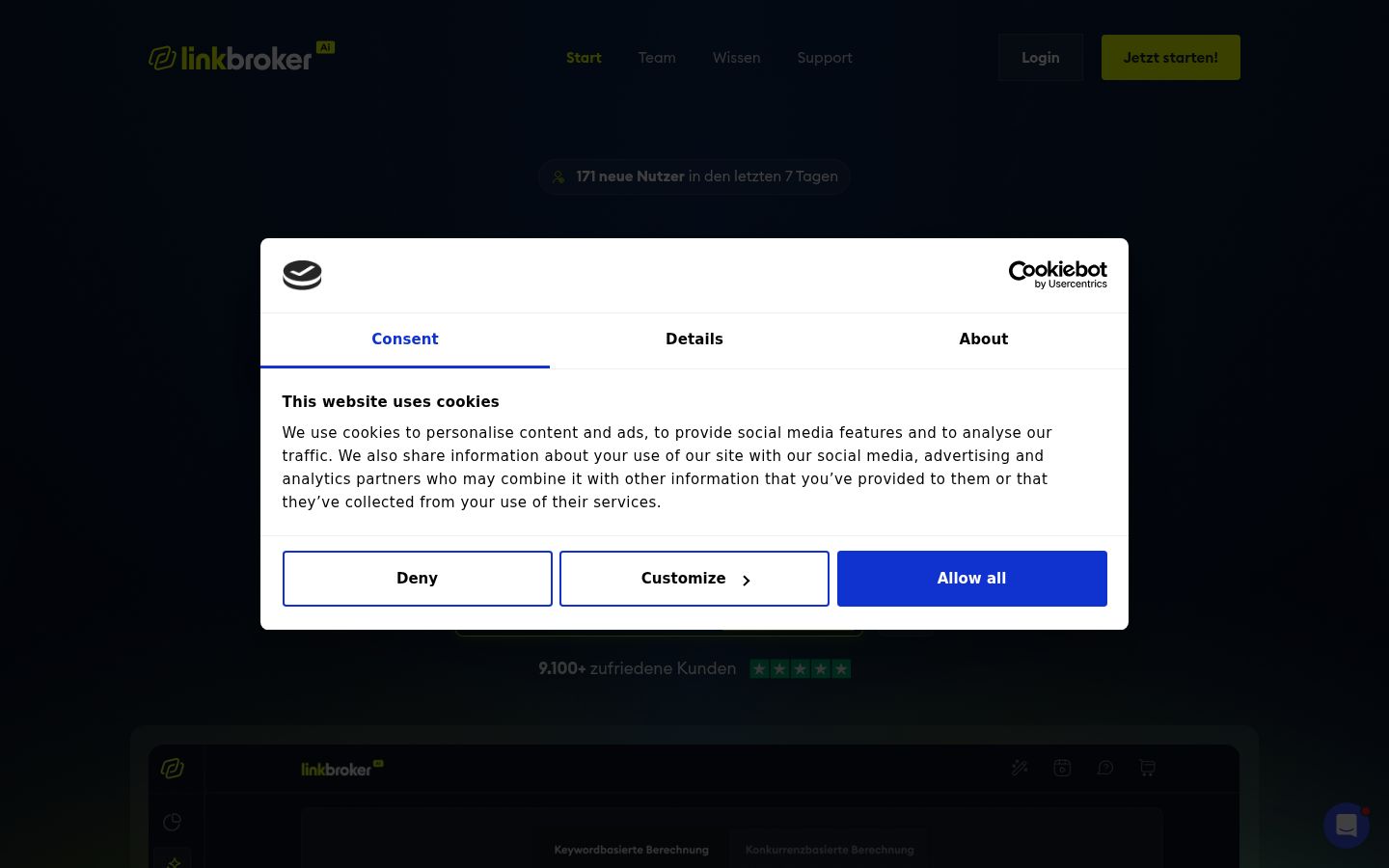 Captura de ecrã do banner de consentimento apresentado antes de qualquer interação