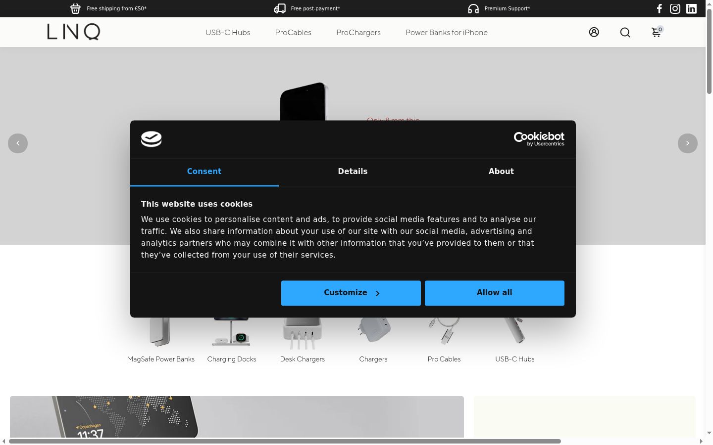 Screenshot del banner di consenso mostrato prima di qualsiasi interazione