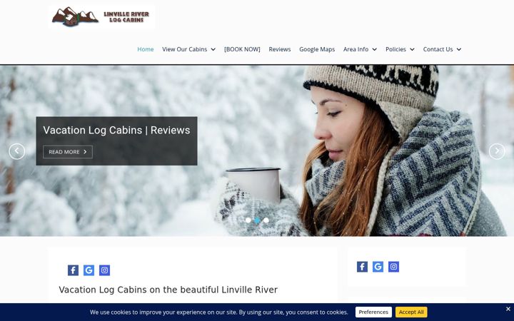 Screenshot of linvilleriverlogcabins.com