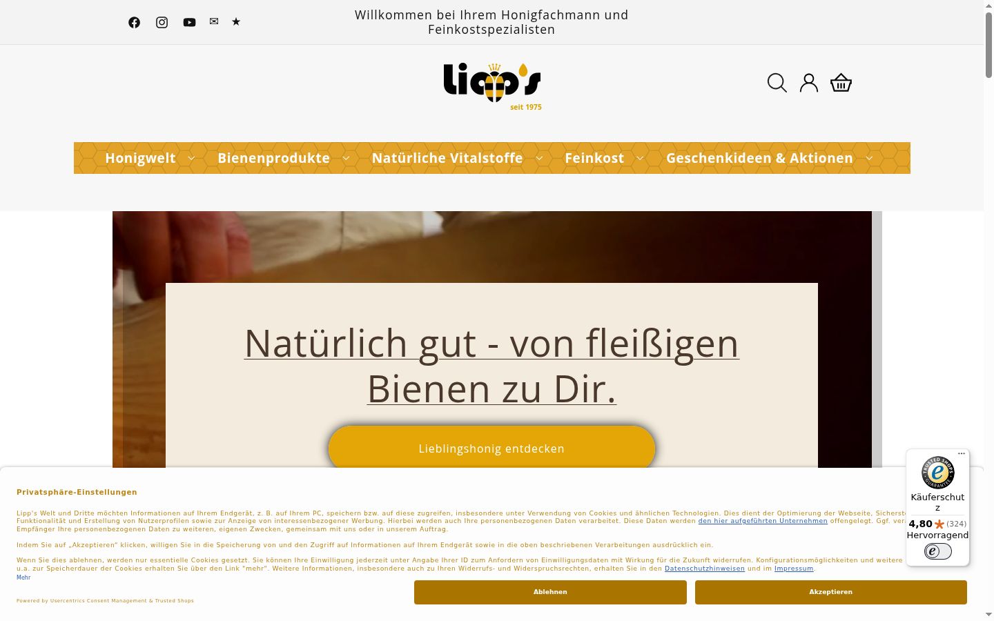 Screenshot des Einwilligungsbanners vor jeglicher Interaktion