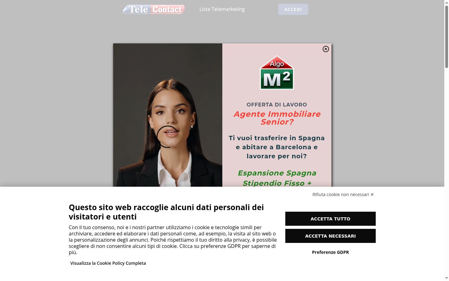 Screenshot del banner di consenso mostrato prima di qualsiasi interazione