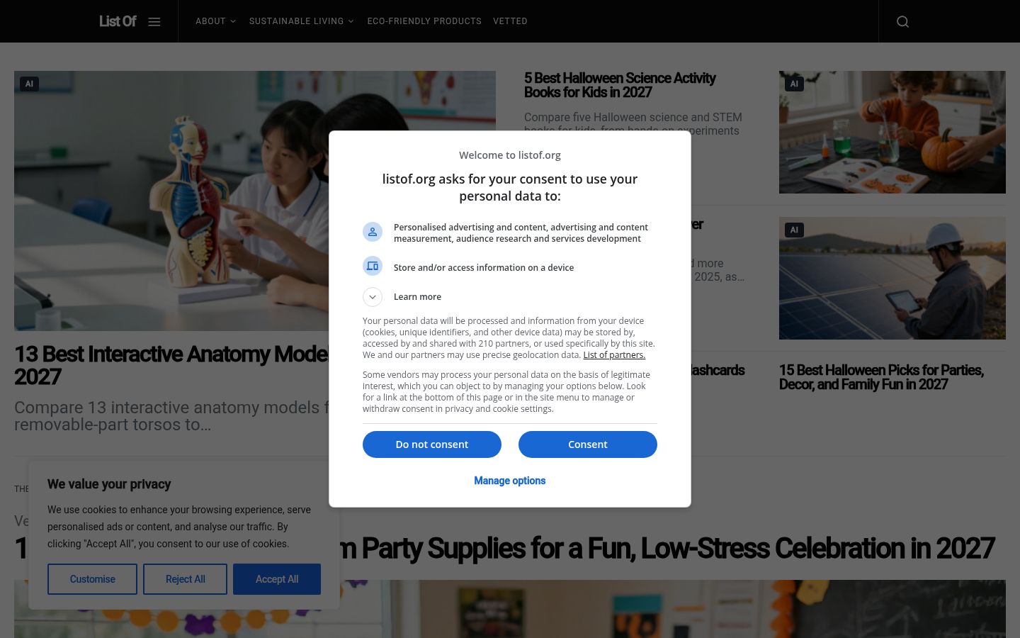 Screenshot del banner di consenso mostrato prima di qualsiasi interazione