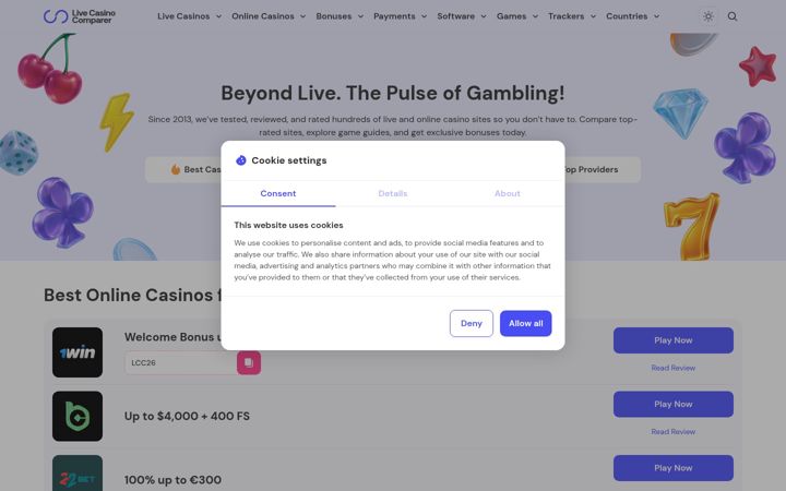 Képernyőkép: livecasinocomparer.com