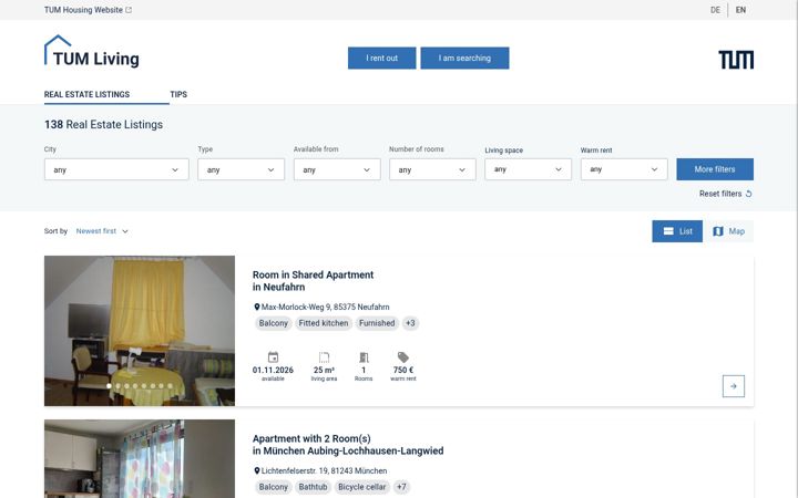 Screenshot of living.tum.de