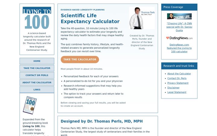 Screenshot of livingto100.com