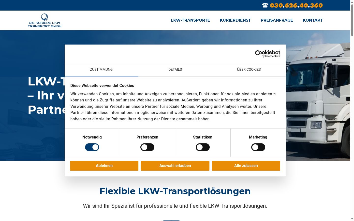 Screenshot des Einwilligungsbanners vor jeglicher Interaktion