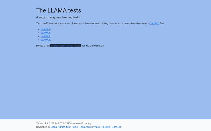 Screenshot of llamatests.org