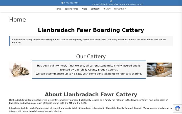 Screenshot of llanbradachfawrboardingcattery.co.uk