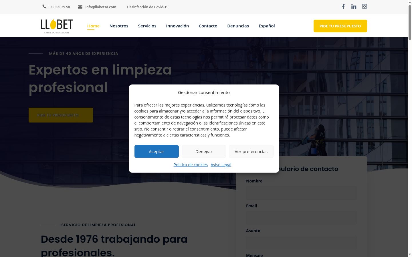 Captura de pantalla del banner de consentimiento mostrado antes de cualquier interacción