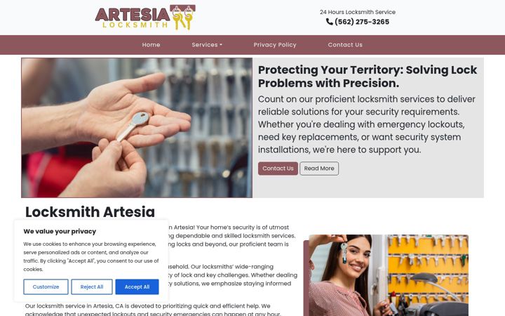 Screenshot of locksmithartesia.com