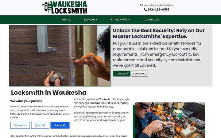 Screenshot of locksmithinwaukesha.com