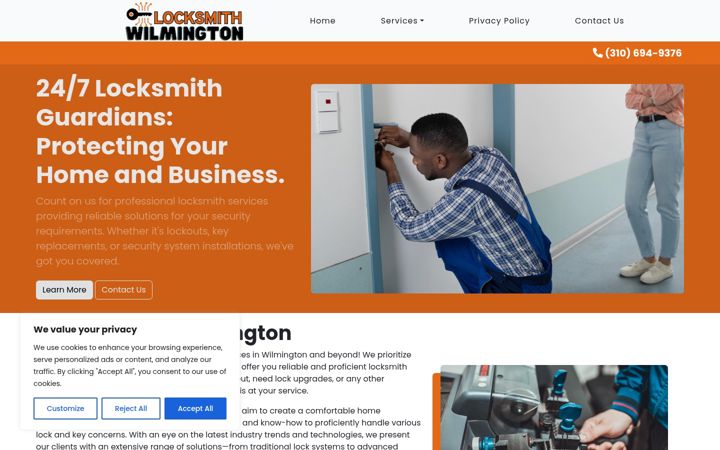 Screenshot of locksmithinwilmingtonca.com
